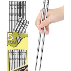 Stainless Steel Chopsticks - 5 Pairs  Metal Chopsticks Dishwasher Safe,  Chinese korean Chop sticks Set,Non-Slip Stainless Chop sticks,  Metal Chop sticks for Adults