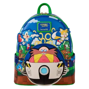 Sonic The Hedgehog Light Up Mini Backpack with Doctor Eggman Ship Lights Up Faux Leather Adjustable Straps & Coordinating Interior Lining