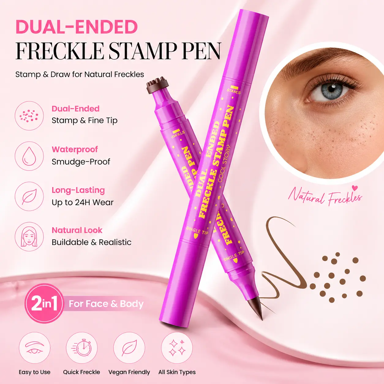 Dual-Ended Waterproof Faux Freckle Pen, Freckle Stamp & Precision Tip Makeup Tool for Natural Realistic Freckles, Long-Lasting Smudge-Proof Face Makeup