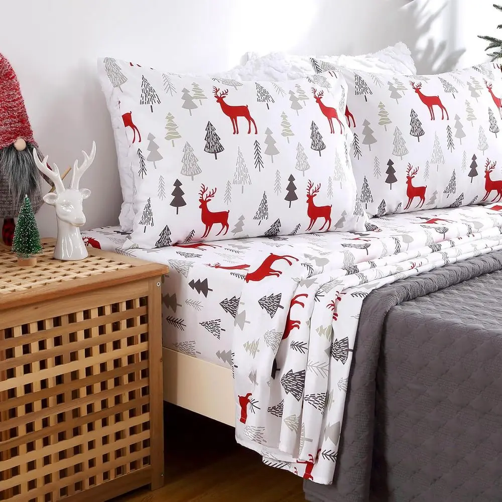 Christmas Sheets Queen 4-Piece Brushed Microfiber Set 16" Deep Pocket Fitted Sheet Flat Sheet & 2 Pillowcases Winter Holiday Bedding