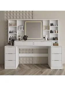 59" Large Makeup Vanity Table with Mirror & LED Lights, 8 Drawers & Open Shelves, Dimmable Brightness Dressing Table for Bedroom, E1 Wood Tempered Glass