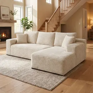 【2 Packages Shipping】106" Modern L-shaped cloud sofa, compression modular sofa with reclining chair, corduroy fabric and high quality comfortable sponge cushion sofa, no assembly required, suitable for living room apartment bedroom furniture