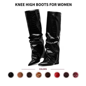 VIMISAOI Knee High Boots Fold Over Pointed Toe Chunky Block Heel Pull On Slouchy Crocodile Embossed European Style Wedding Party Casual Office Date Dress Nightclub Graduation Date Holiday Brunch  Business Photoshoot Comfortable Modern Summer Fashion Boots