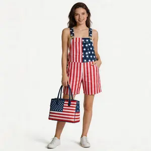 Women's 4th of July Stretchy Red White Blue Romper – 250th Anniversary Flag Short Denim Overalls, Comfort Bib Pants for Memorial Day Carnival, Unisex Breathable Jumpsuit for Couples, Summer Lake Trip Coveralls