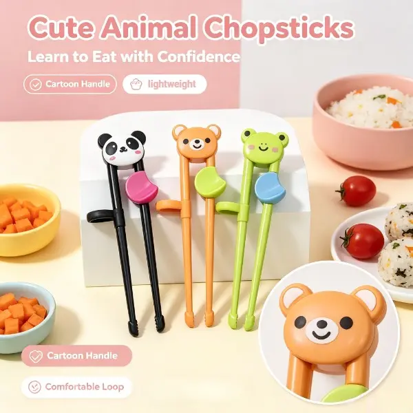 3 Pairs Cute Cartoon Animal Learning Chopsticks (Panda, Bear, Frog Shaped) - Reusable Lightweight Cutlery with Finger Ring Design for Kids to Eat Independently, Master Standard Hold, Suit Holiday Parties & Dining Table