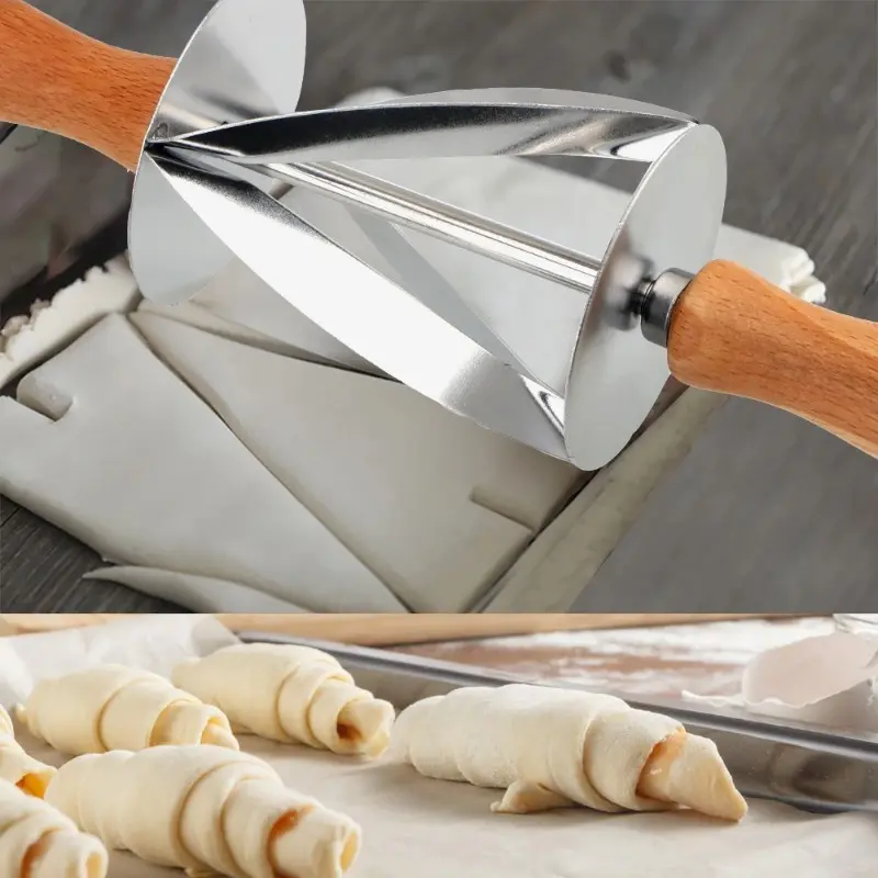 1pc Stainless Steel Wooden Handle for Making Croissant Bread Dough Pastry Rolling Cutter Fondant Strip Ribbon Cutter