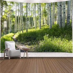 Forest Wall Tapestry Nature Tree Trail Path Landscape Wall Hanging, Morning Sunshine Through Green Tree Wall Tapestries for Home Office Indoor and Outdoor Decor, 80(W) x60(L) Inch