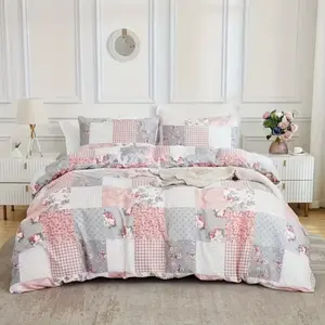 3-Piece Floral Light Patchwork Bedding Set, Soft Polyester, Zip Closure, Includes 1 Duvet Cover and 2 Pillowcases, All Seasons