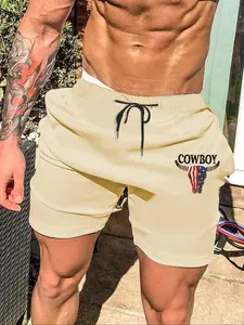Men's Regular Fit Bull  & Letter Print Drawstring Waist Shorts, Casual Elastic Waist Pocket Track Athletic Shorts for Summer, Fashion Men's Bottoms for Daily Wear, Sportswear, Activewear