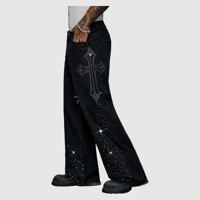 Men's High Cotton Y2K Rhinestone Cross Wide Leg Jeans, Retro Black Denim Pants with Sparkling Rhinestone Cross & Starry Detail, Grunge Streetwear Casual Trousers for Men