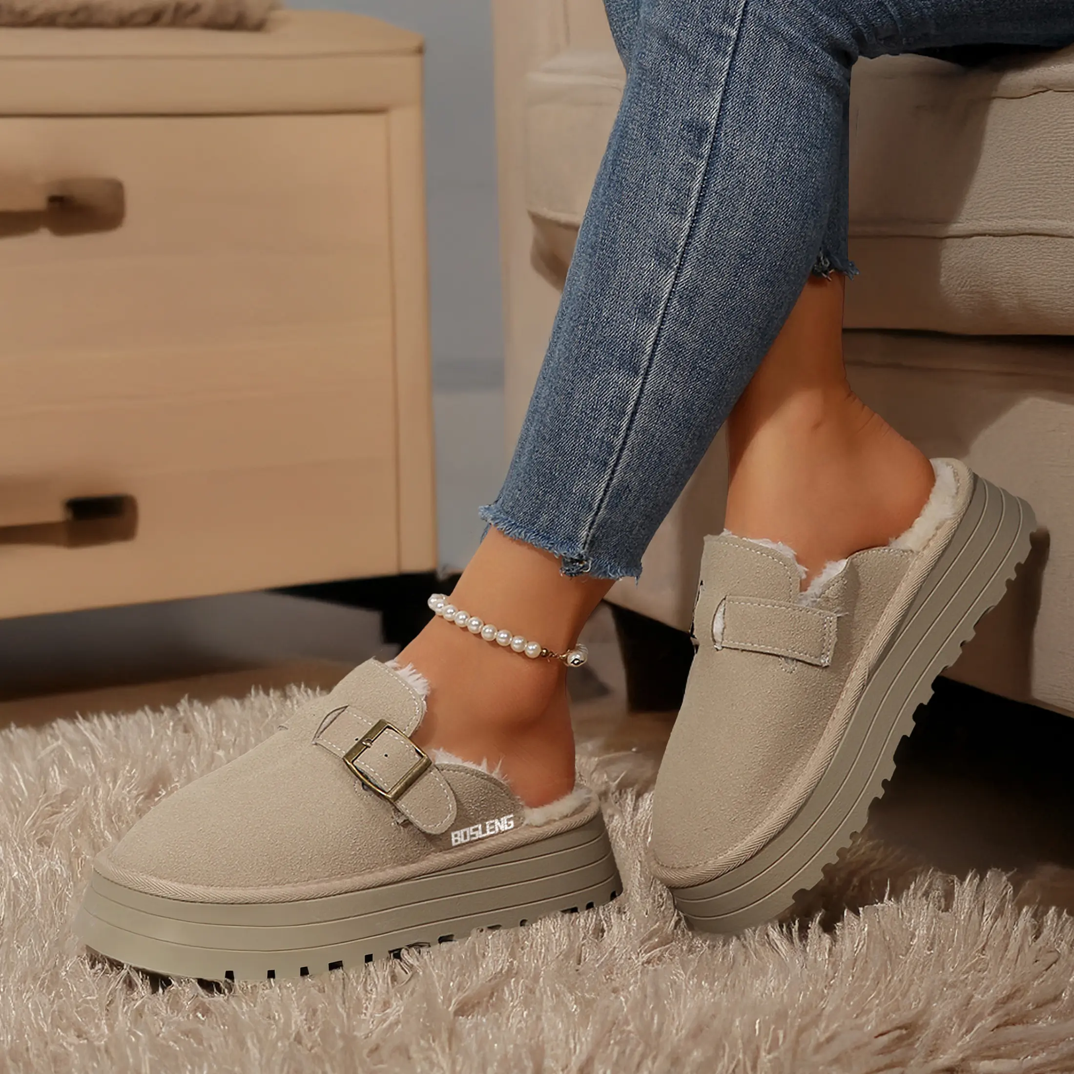 Cozy Suede Platform Clogs for Women Fleece Lined Slip-On Indoor Outdoor Shoes Springfresh Fluffy Footwear
