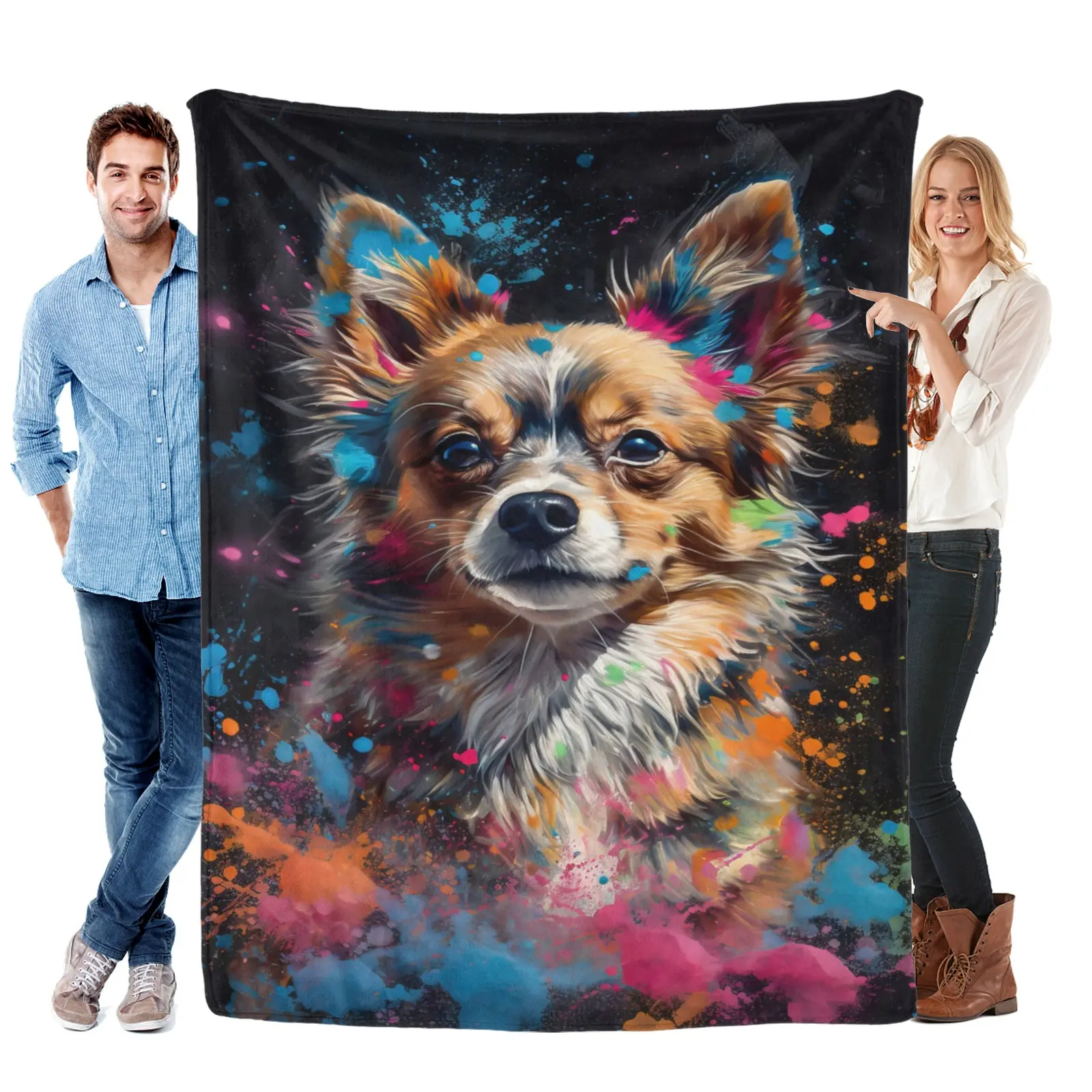 Splatter Art Chihuahua Blanket, Colorful Dog Portrait Design, Ideal for Chihuahua Lovers
