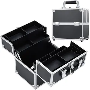 Makeup Train Case Cosmetics Storage Box Professional Makeup Storage Box 4 Tray with Separator Lockable Travel Case Portable Travel Make-up Box Suitable for Makeup Artists, Craftsmen, Cosmetics Black