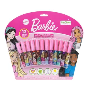Barbie 12 Piece Plant Based Lip Gloss, Girls Party Favors, First Makeup Set for Girl, Perfect for Parties, Sleepovers, and Birthday Gifts, Ages 3+, by Townley Girl
