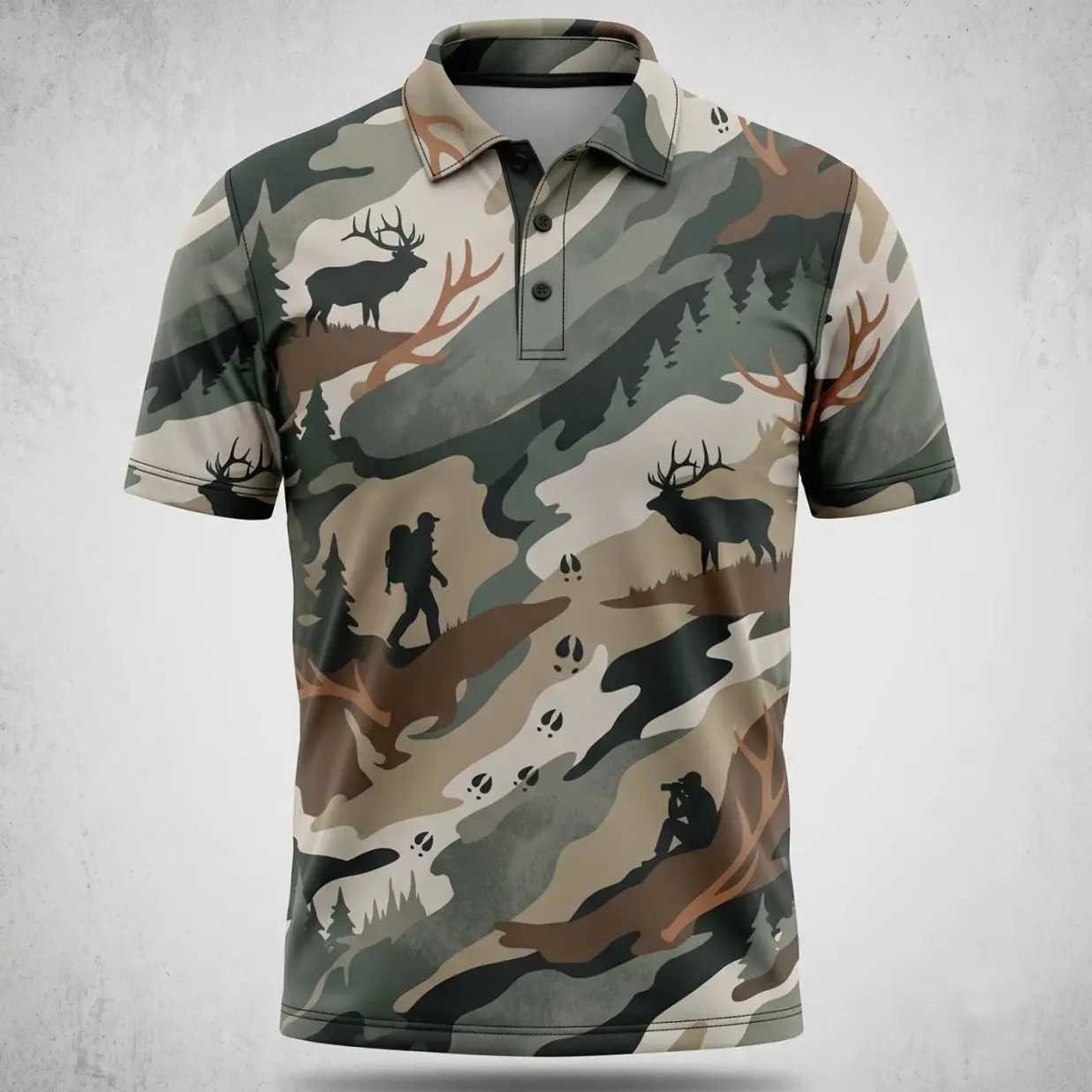 Men's Elk Hunting Performance Polo Shirt - Polyester Fabric Menswear Outdoor Tops with Forest Deer All-Over Print, Hunting Gift for Men, Breathable