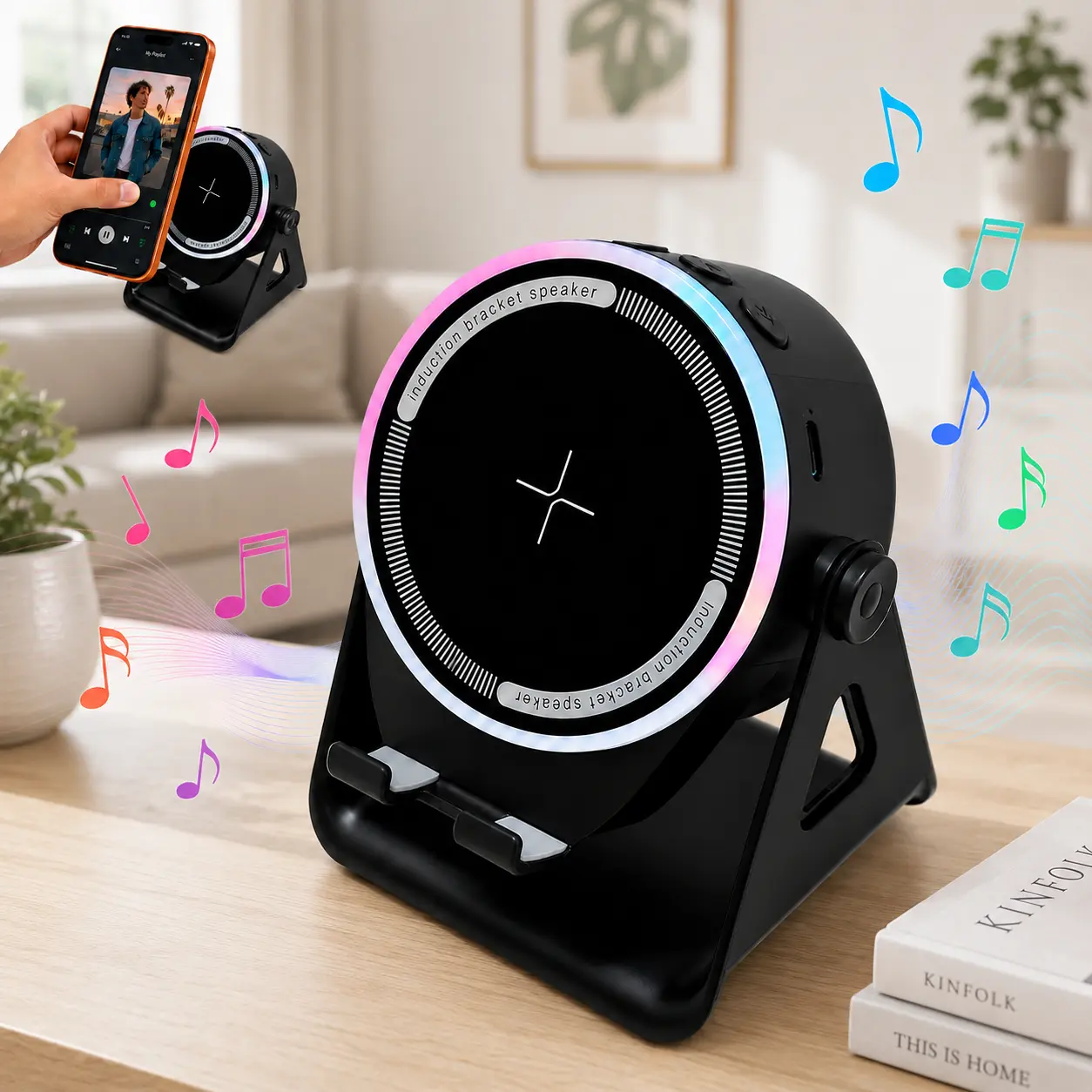 Wireless Induction Bluetooth Speaker Stand,4-in-1 Bluetooth Speaker Phone Stand with Induction Audio,RGB Ambient Light, 300° Adjustable Desk Holder,Rechargeable Desktop Speaker for iPhone, Android Phones & Tablets,Home Office, Bedroom, Study & Video Calls
