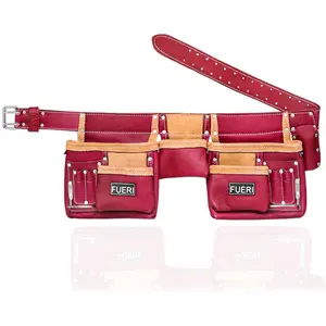 FUERI 11 Pockets Heavy Duty Construction Tool Belt Comes with 2 fix pouches with 2 hammer holders for Carpenter Organizer in Premium Split Leather for Efficient Tool Storage