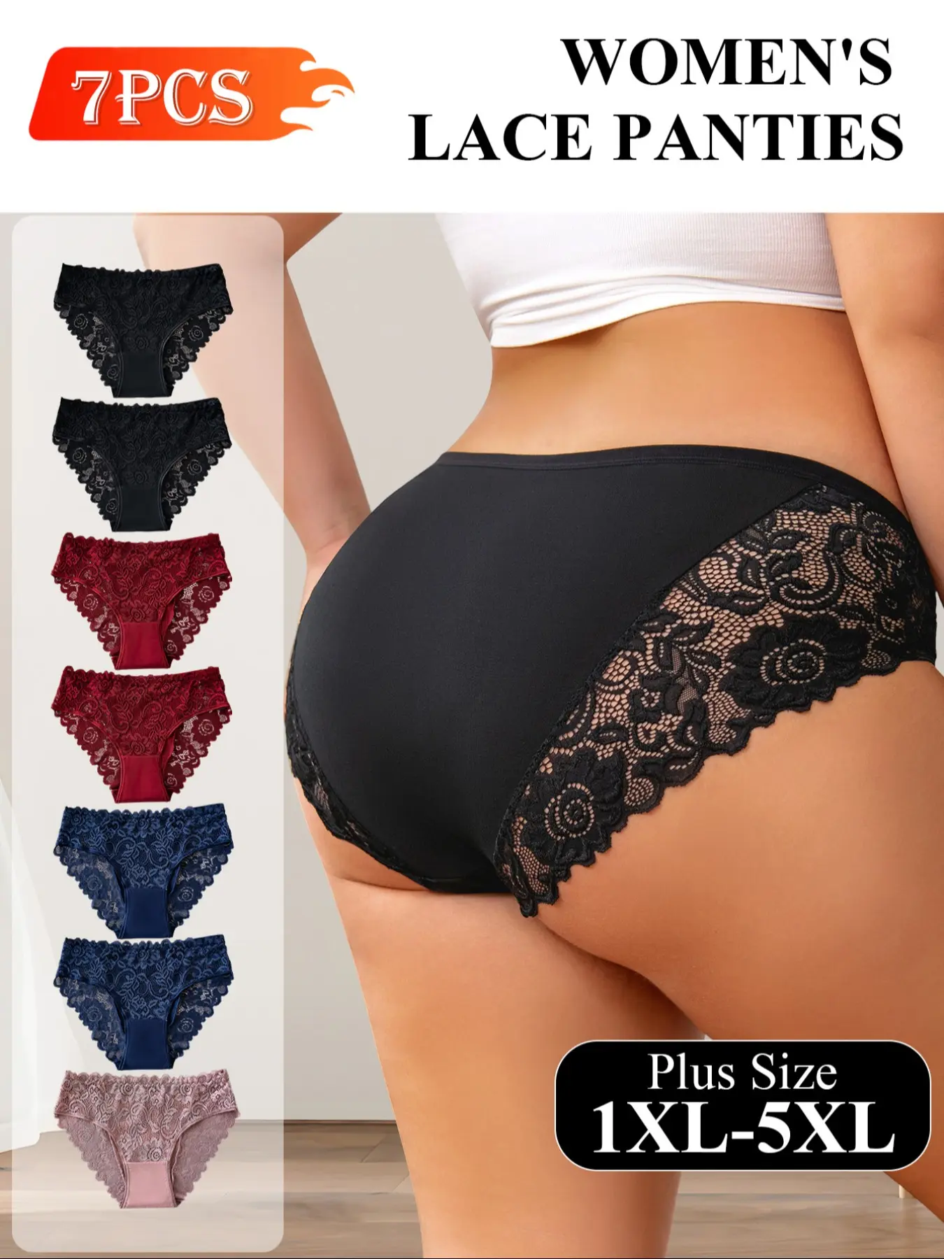 7-pack in assorted colors, Plus-Size Women's Lace High-Waisted Briefs Panties (1XL-5XL) - floral lace, antibacterial and breathable, no-squeeze waist or hips, everyday underwear, Breathable stretch underwear, Lace Patterned Underwear