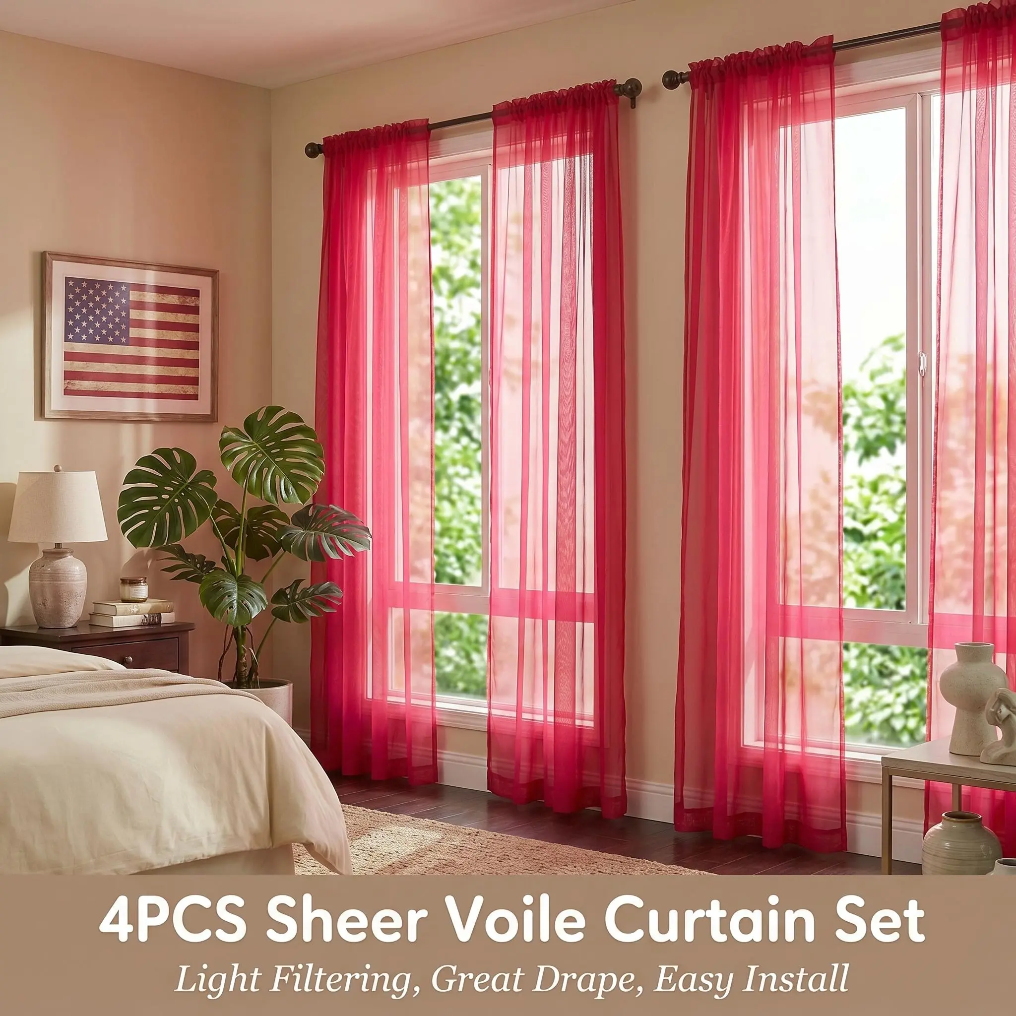 4-Panel 34"x95" Solid Light Voile Sheer Rod Pocket Window Curtains - Lightweight, Durable, Easy Install Curtain, Stretch, Wrinkle Resistant, Interior Decoration Accessories for Living Room Summer FT2539 #SummerVibes, Room Decor Curtain