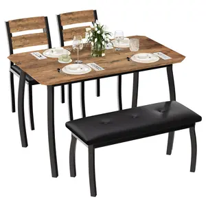 4 Piece Farmhouse Dining Table Set for 4, Space Saving Rustic Kitchen Table with 2 Padded Chairs & Bench, Small Breakfast Nook Furniture Set for Dining Rooms, Apartments