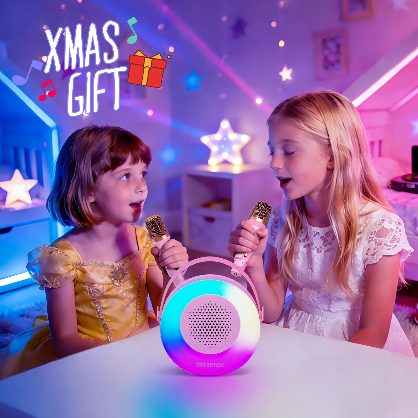 Kids' Compact Karaoke Machine - Mini Portable Bluetooth Speaker with 2 Wireless Microphones, LED Lights, Batteries, Interactive Toy for Kids and Adults, Great Gift for Parties, Birthdays