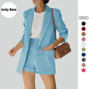 Imily Bela Women's 2 Piece Open Front Long Sleeve Blazer and Solid Short Pants Suit Sets