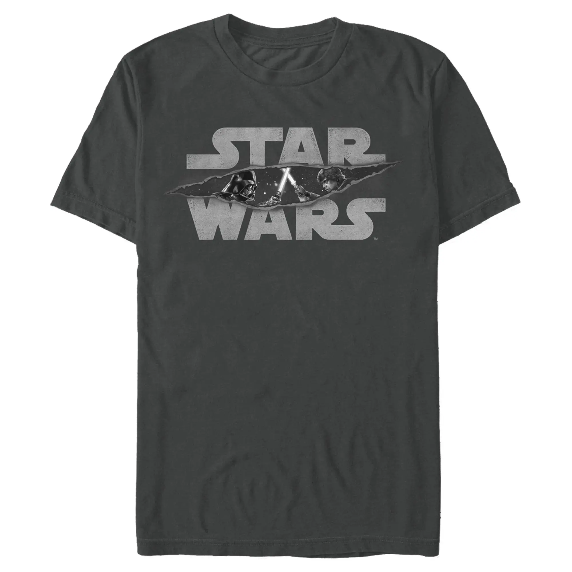 Men's Star Wars: A New Hope Darth Vader and Luke Skywalker Distressed Logo T-Shirt