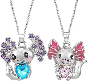 Mother Day Gift 2Pcs Cute Axolotl Necklace Metal Axolotl Crystal Pendant Necklaces 19 Inch Unisex Rhinestone Necklace Charm Good Lluck Jewelry