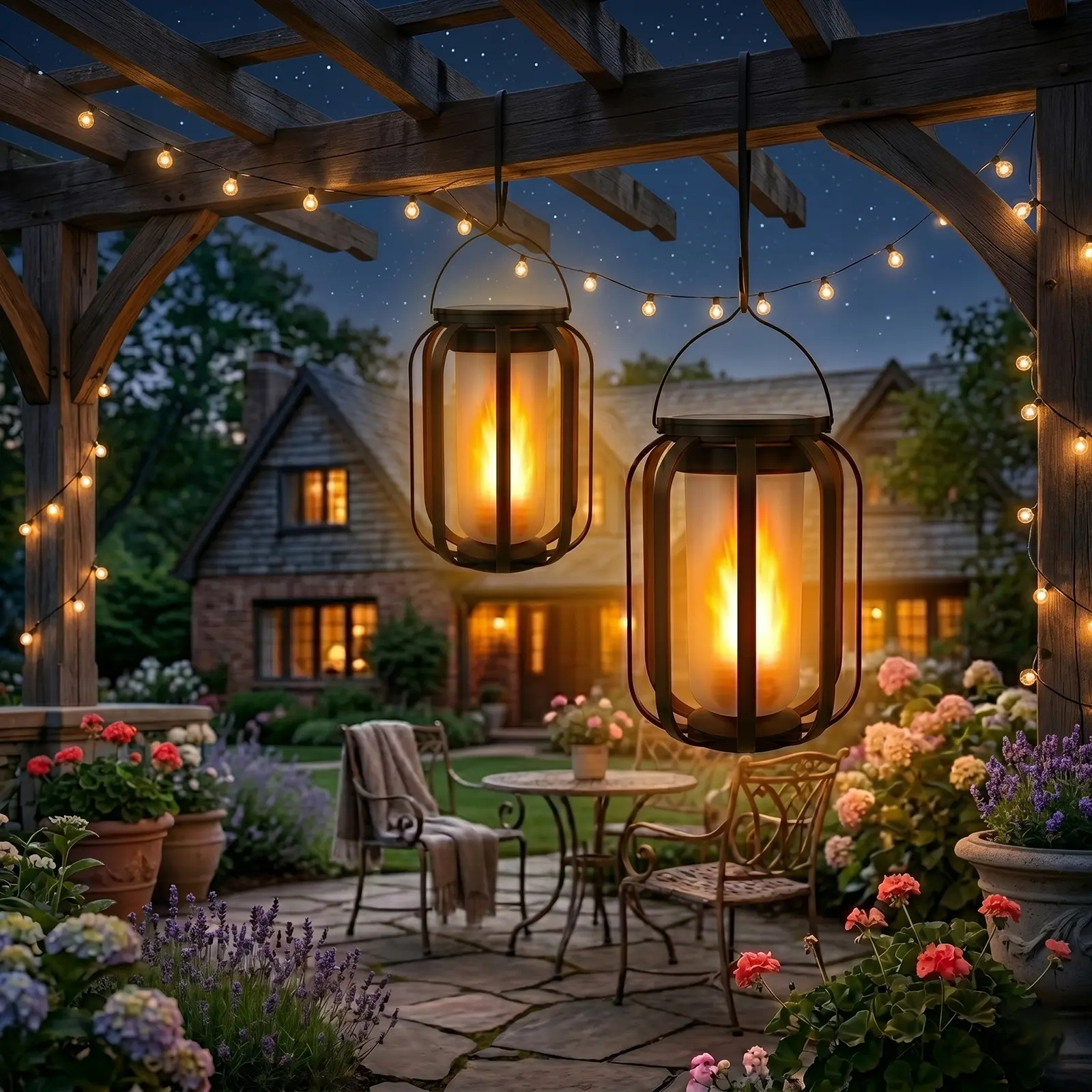 Flame Garden Light Solar Lanterns Outdoor with Ultra Realistic Flame Effect, Dual Charging Solar and USB Powered Hanging Lantern Lights with 4 Lighting Modes, Waterproof Decorative Lights for Patio Porch Garden Yard Table and Outdoor Decor
