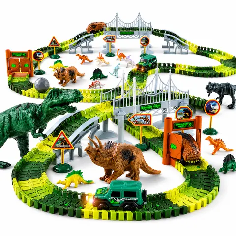 215 PCS Dinosaur Track Set for Kids, Flexible Dino Race Track Toy with Dinosaur Figures, Track Car, Gates, Trees & Adventure Accessories, Jurassic Playset Gift for Boys Girls Figurines Collectible Action Figure