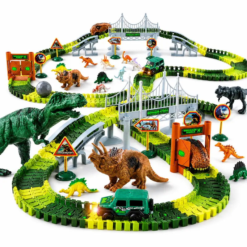 215 PCS Dinosaur Track Set for Kids, Flexible Dino Race Track Toy with Dinosaur Figures, Track Car, Gates, Trees & Adventure Accessories, Jurassic Playset Gift for Boys Girls Figurines Collectible Action Figure