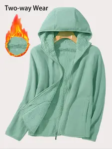 Women's Fleece Lined Hooded Jacket, Loose Fit Two-Sided Wear Reversible Casual Breathable Warm Coat, Ideal for Home Outdoor Hiking Activities, Womenswear