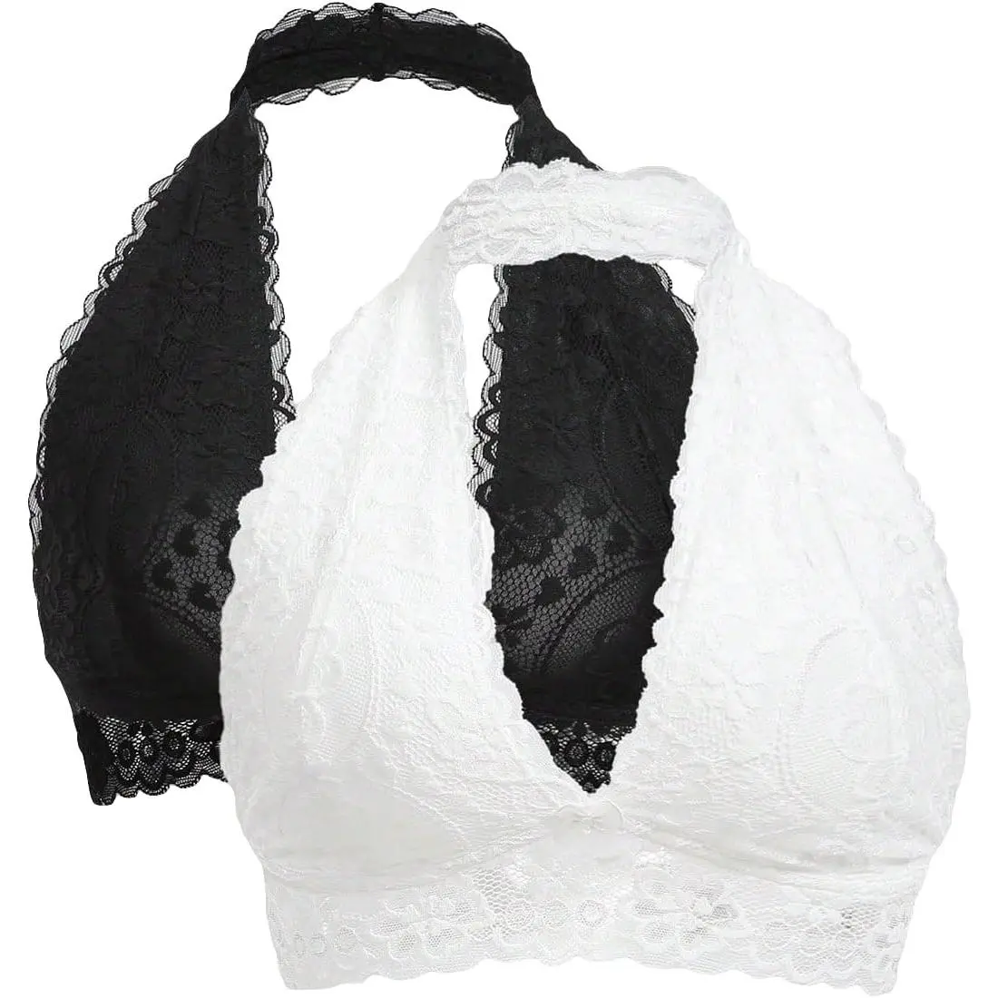 Women's 2-Piece Wireless Halter Neck Lace Bralette Set, Wedding Bridal Black and White Womenswear Underwear, Comfortable