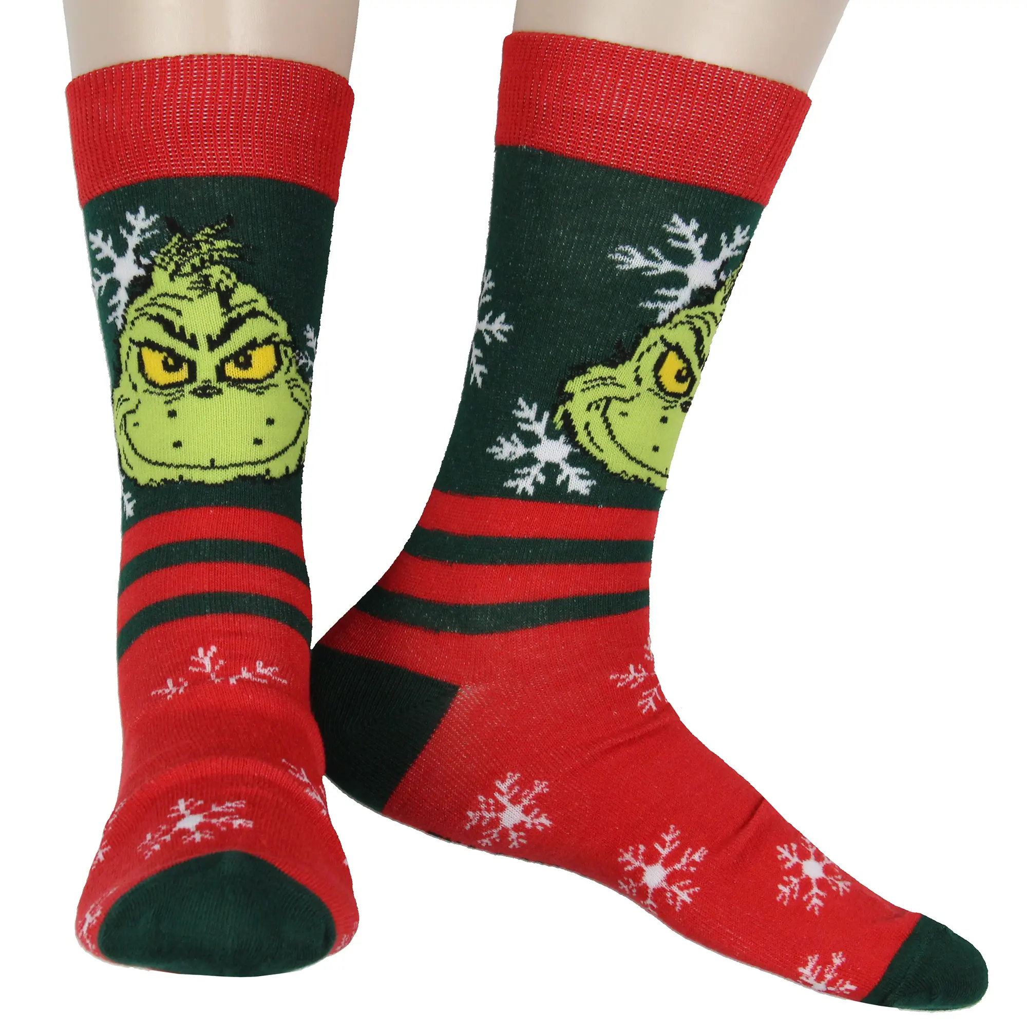Dr. Seuss The Grinch Men's Calf High Crew Socks - Grinch Face, Snowflake Stripes, Stylish, Playful, Quality & Durable, Medium Stretch, Soft Polyester Blend, Fits Shoe Size 8-12, Everyday Wear, Festive Menswear Gift for Fans
