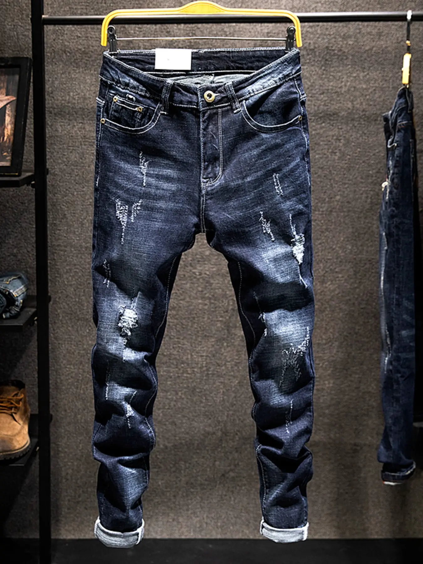 Men's Distressed Casual Skinny Jeans, Stretchy Denim Jeans, Ripped Skinny Fit, Ripped Slim Fit, Pocket, Natural Elastic Long Pants, Blue Style, Dark Wash, Modern Korean Fashion, Streetwear, Stretch Denim Fabric