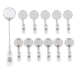 12pcs Retractable ID Card Holders with Anti-Loss Lock, Transparent Keychain Compatible, Heavy-Duty Extender Mechanism, Office School Hospital Use, ID Badge Holder