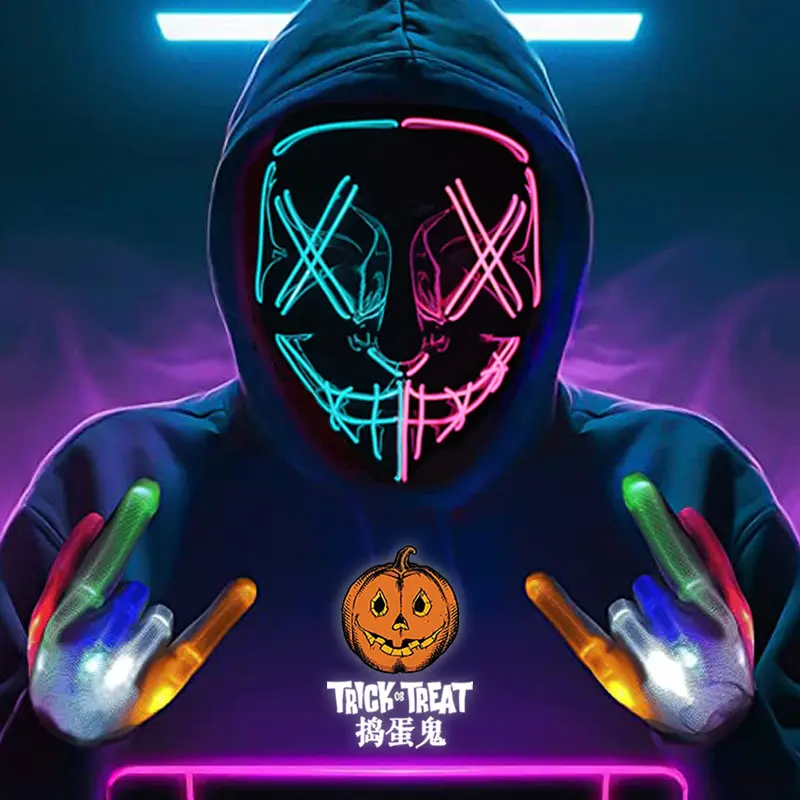 Clown LED Light-Up Mask Halloween Fluorescent Performance Ghost Face Mask COS Halloween Mask V-Shaped Spider-Man Werewolf Ghost Face Full-Face Horror Party Mask for Children and Adults