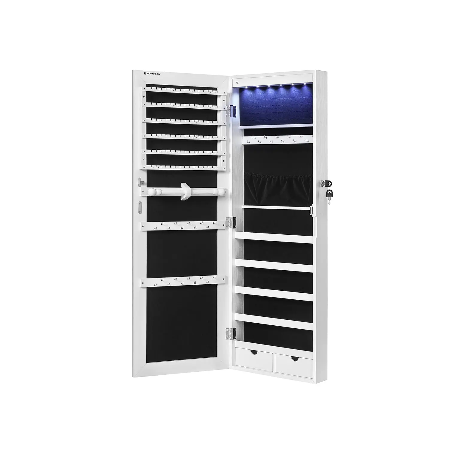 SONGMICS Hanging Jewelry Cabinet, Wall-Mounted Cabinet with LED Interior Lights, Door-Mounted Jewelry Organizer, Full-Length Mirror, Gift Idea