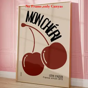 Vintage Mon Cheri Unframed Art Print, Cherry Fruit Canvas Painting, Wall Art Poster, Living Room Decor, Bedroom Aesthetic Design