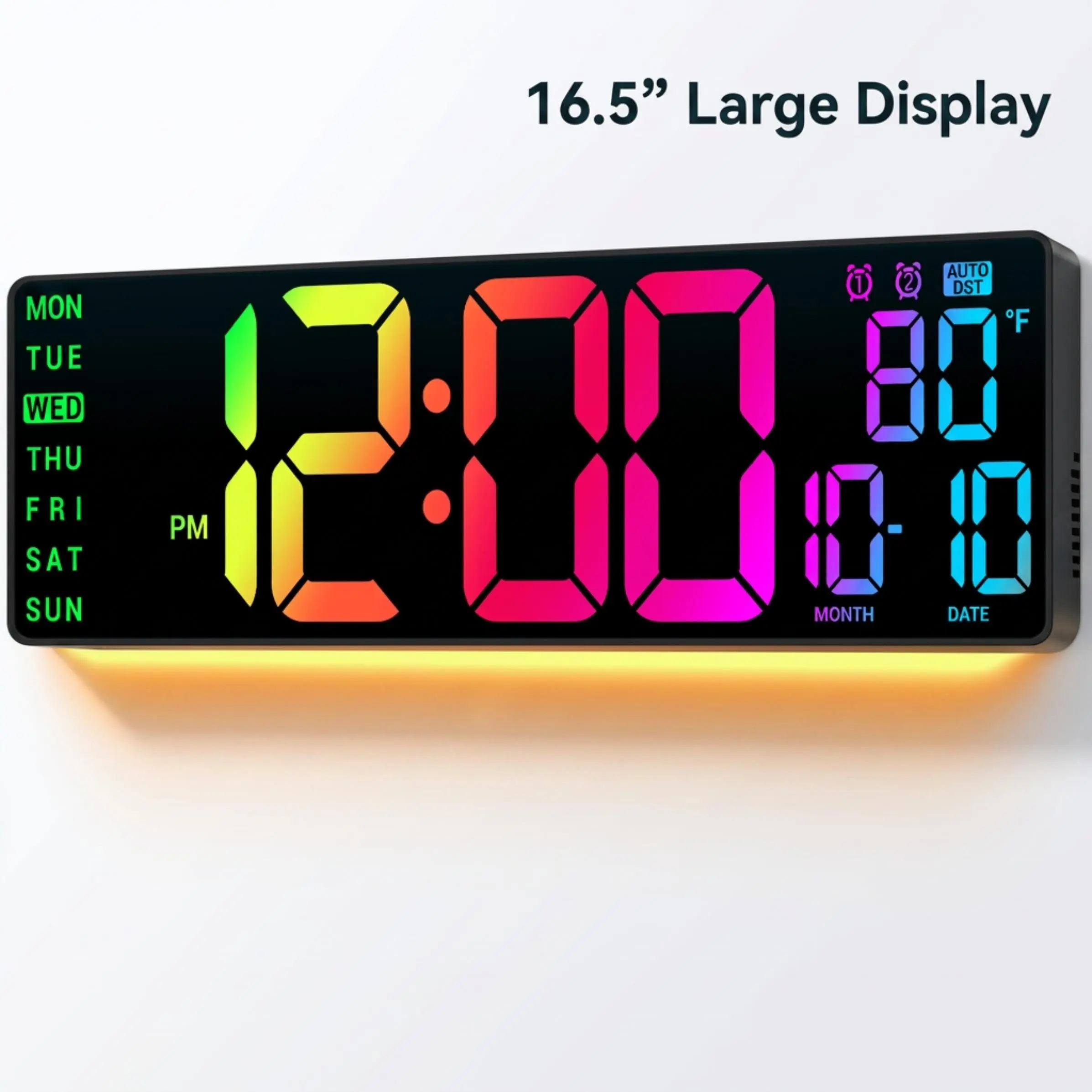 16.5" Large LED Display Digital Wall Clock - Plastic & Metal Home Supplies Automatic Multifunctional Alarm Clock with RGB LEDs, Remote, 11 Color Modes, Dual Alarms, Temperature, Auto DST, Gaming Room Decor