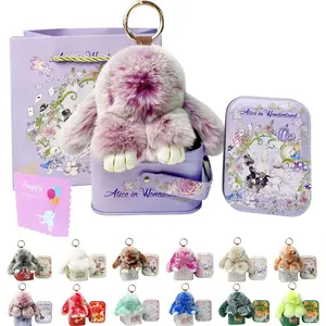 Soft Bunny Keychain with Tin,Cute Plush Keychain for Backpack,Bag Charm Gift Key