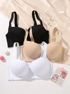 3-Pack Black White Beige Basic Style Simple Multi-Color Shiny Plus Size Women's Underwear Comfortable Push-Up Full Cup Underwire Bra for Everyday Wear Minimalist Lingerie Supportive Bra Womenswear Black+White+Beige soft Bridal Bridal confort able br women
