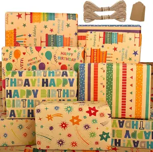Wrapping Paper Birthday Wrapping Paper Sheets-Recyclable Gift Wrapping Paper Set with Gift Tags & String-Birthday Gift Wrap for Present Wrapping Paper with Brown Kraft and Colorful Design-Birthday Wrap Birhtday Paper for Men Women Girls Boys Kids(
