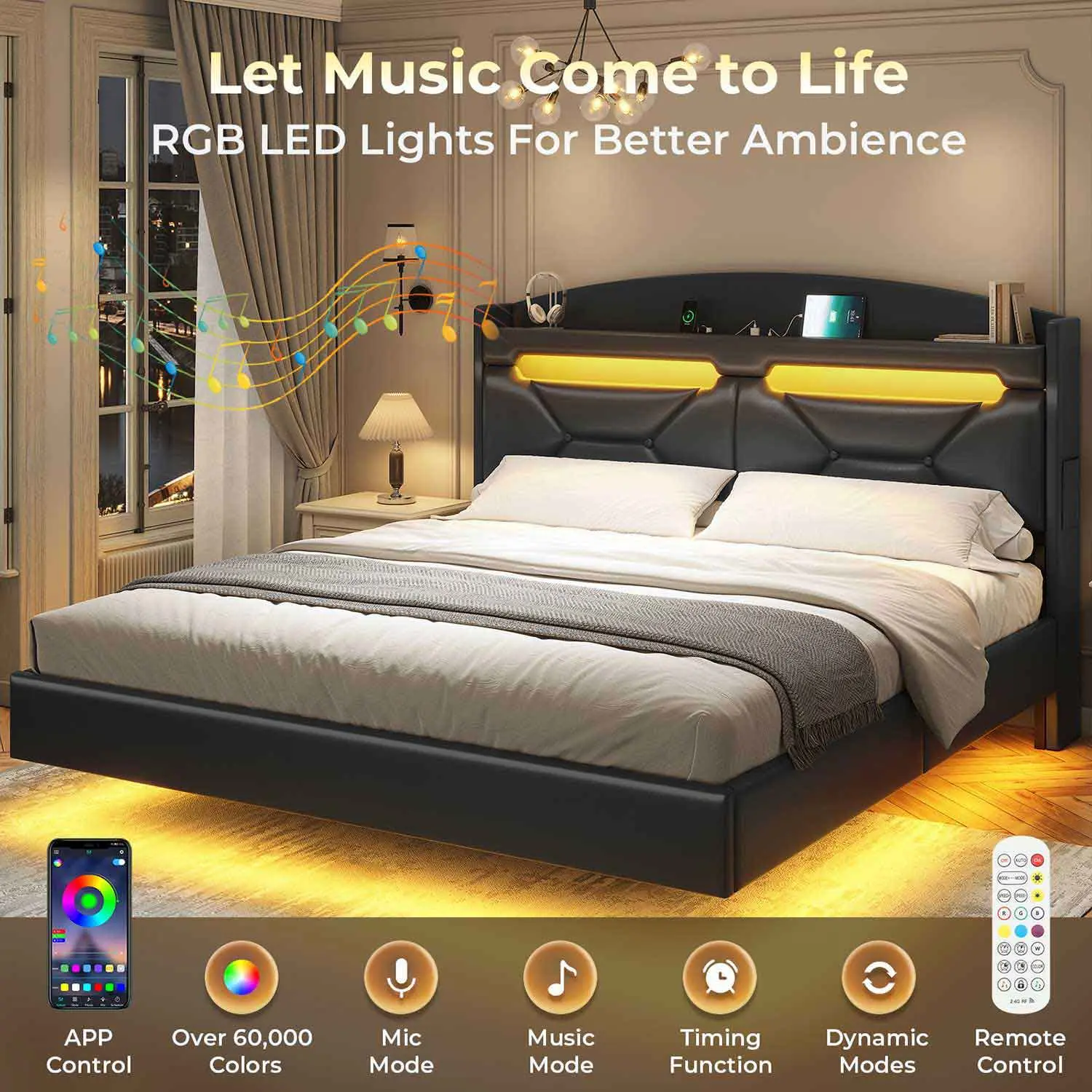 SIKAIC Black LED Floating Bed Frame with Charging Station & Secret Storage, PU Leather Upholstered Platform Bed with Open Display Headboard