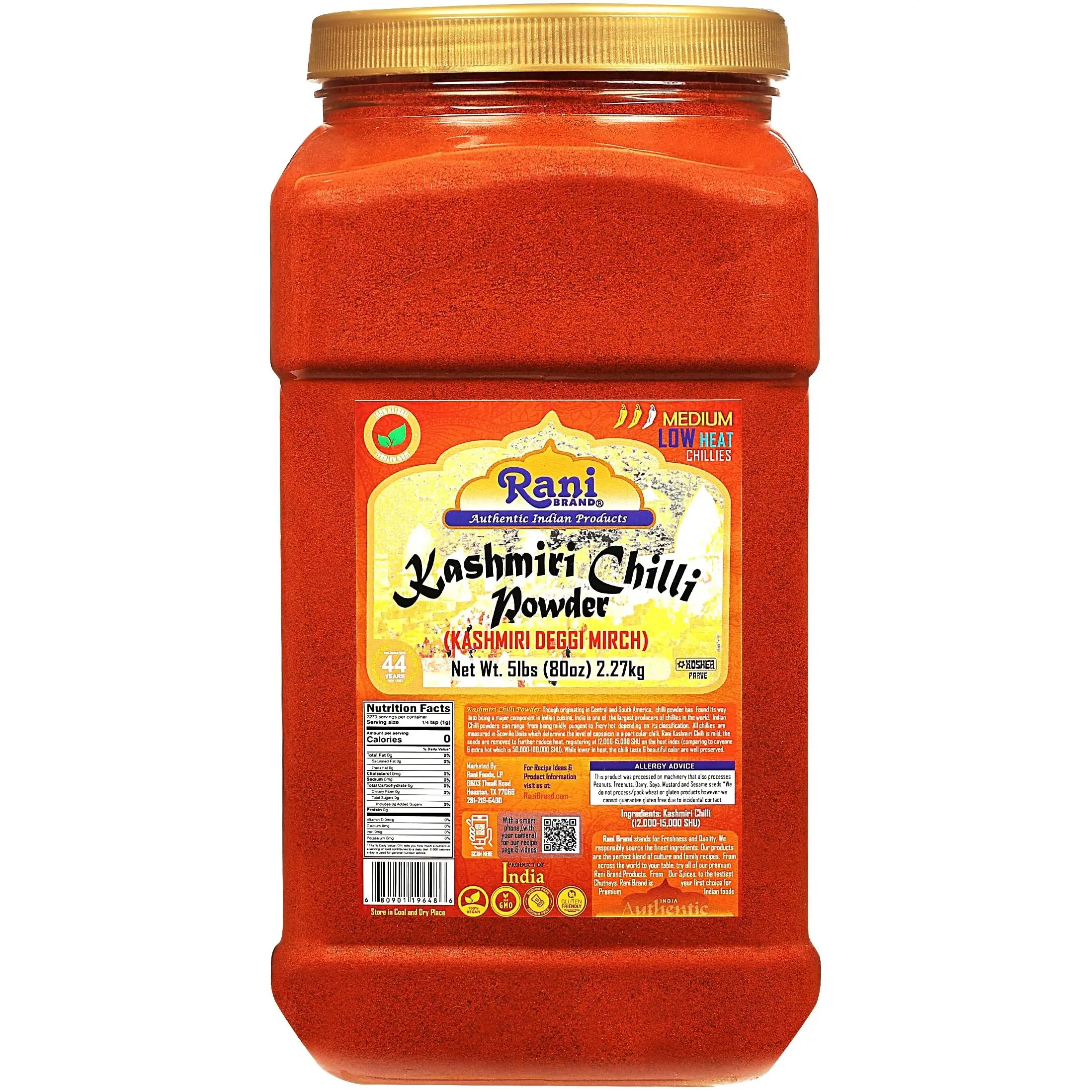 Rani Kashmiri Chilli Powder (Deggi Mirch,Low Heat) Ground Indian Spice 80oz (5lbs) 2.27kg PET Jar ~ All Natural | Salt-Free | Vegan | Kosher | Gluten Friendly | Perfect for Deviled Eggs & Other Low Heat Dishes