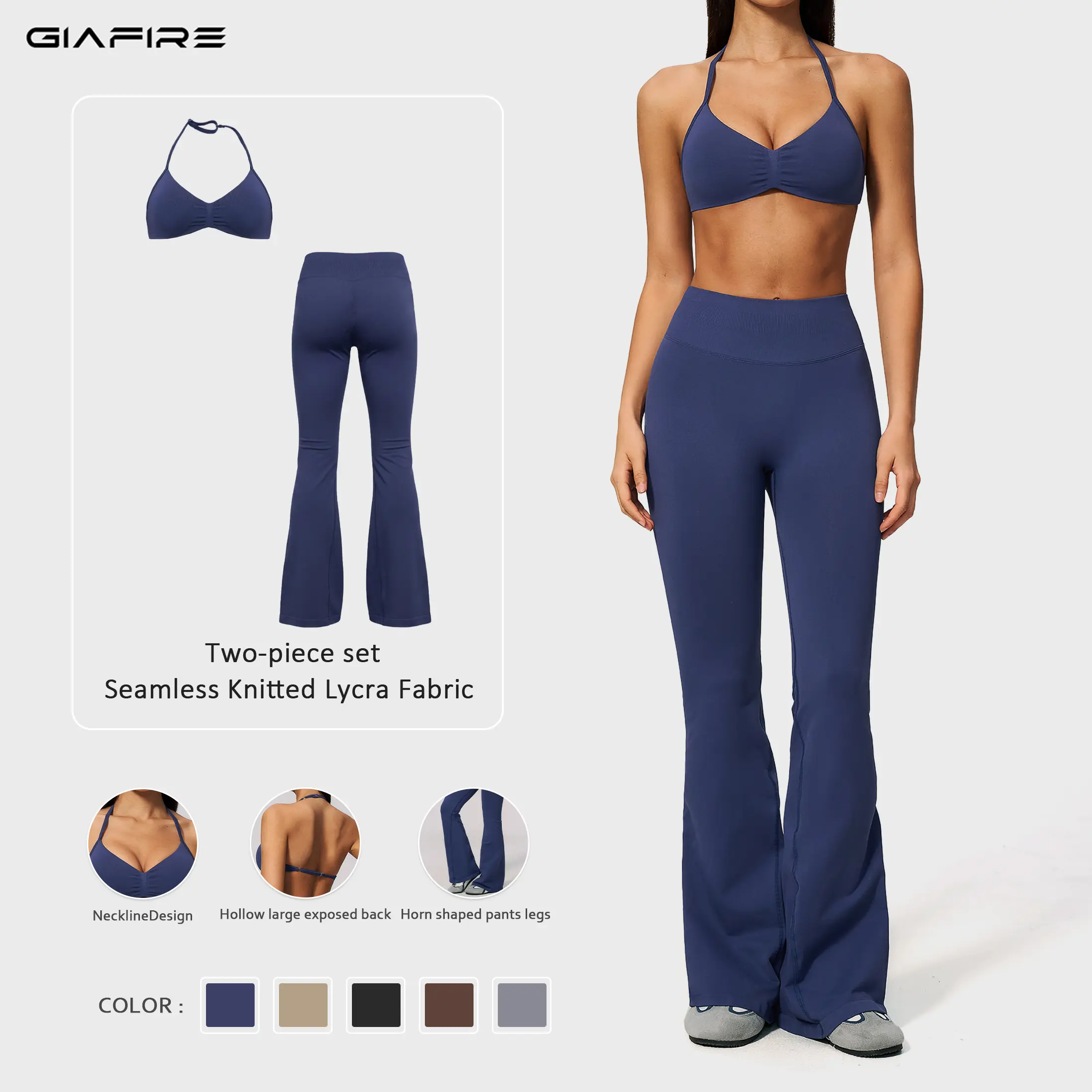 GIAFIRE Women's Seamless Lycra Ultra-Stretchy 2-Piece Yoga Workout Set, minimalist sexy halter sports bra paired with high-waisted hip-lifting flare yoga pants, perfect for Pilates, gym, beach, outdoor activities and daily casual wear