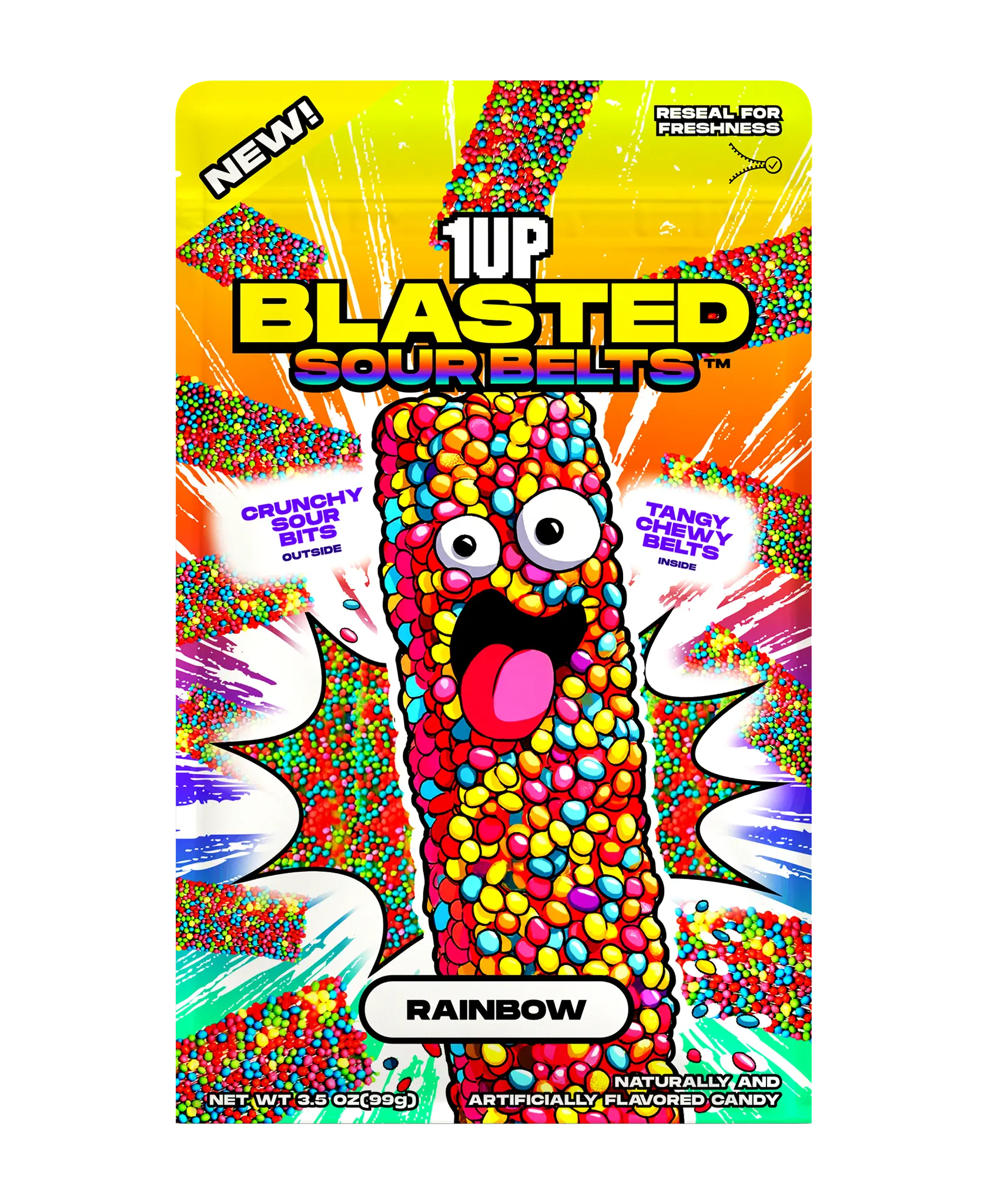 1UP Candy Blasted Sour Belts – Rainbow | Crunchy-Coated Sour Candy Strips (1, 6 or 10 Pack)