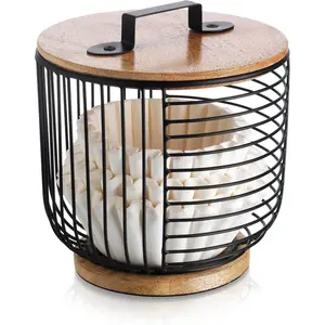 Coffee Filter Holder for Counter With Wooden Lid-Round Black Wire Coffee Pod Storage Container Basket for Kitchen Countertop Organization - Coffee Bar Accessories