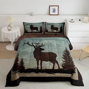Deer Luxury Bedding Set,Designer Comforter Set,Rustic Western Farmhouse Lightweight Comforter,Retro Wildlife Animal Microfiber Duvet Set