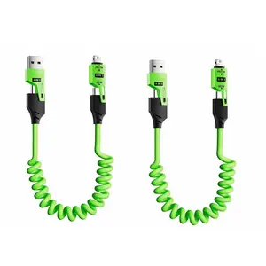 4-in-1 Spring Fast Charging Data Cable: Green version [buy one get one free], 65W USB-C PD high-speed charging, 1.2m/4-foot telescopic coil, compatible with iPhone, Samsung, and laptops